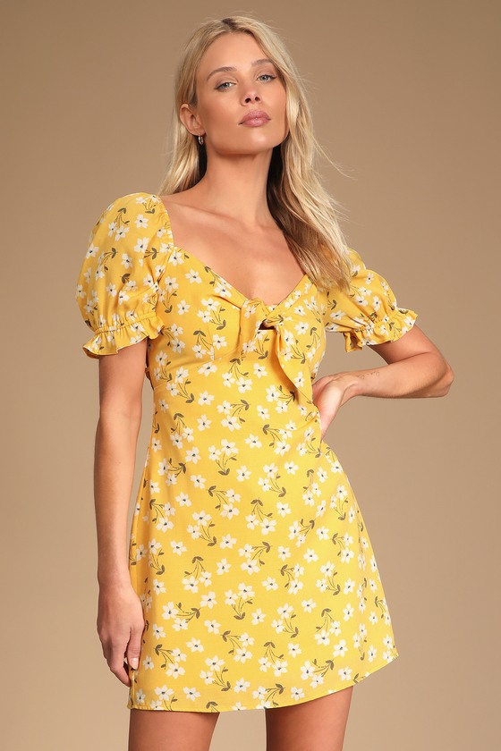 Yellow Floral Dress - Lace-Up Mini ...